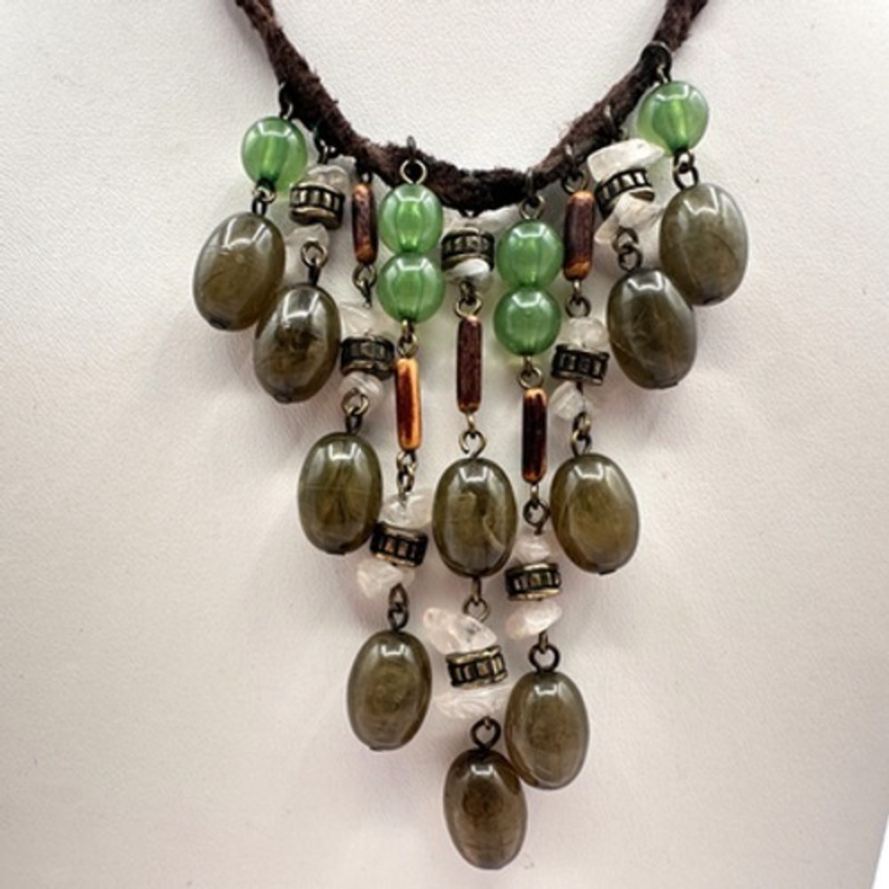Vintage 90s Goblincore Waterfall Bib Necklace Green Stone Brown Suede